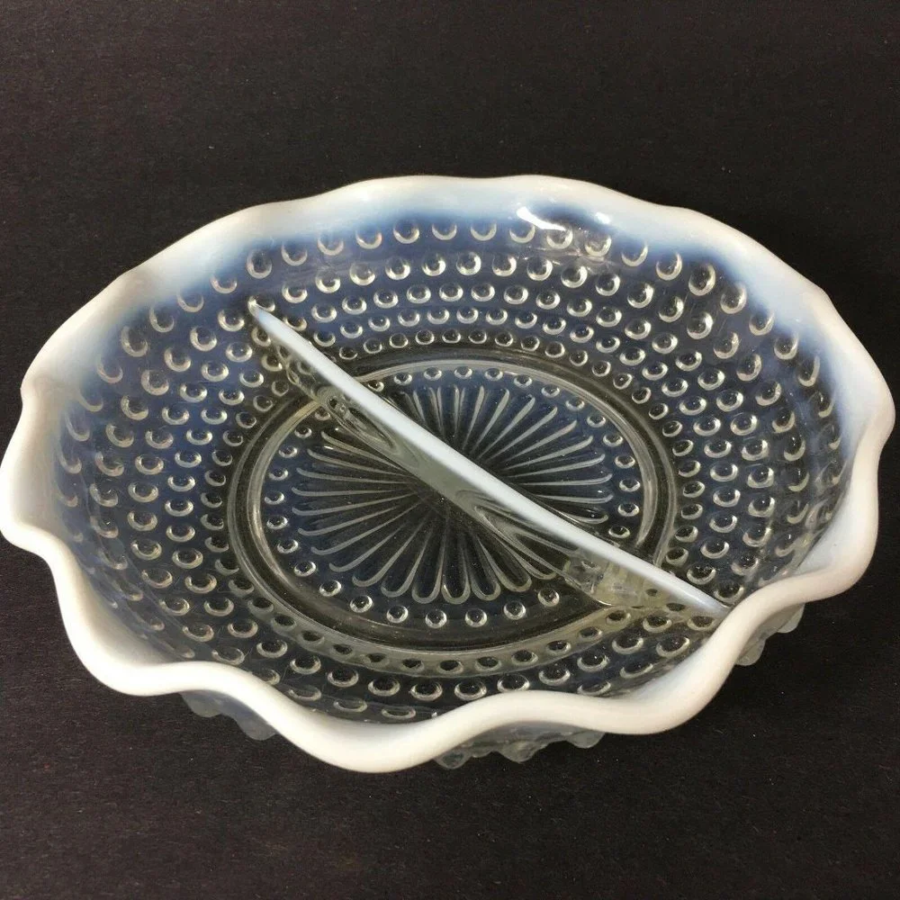 Fenton Opalescent Moonstone Hobnail Dish Glass Divided Round Scallop Edge 7 3/4